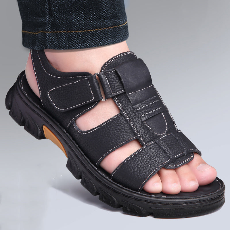 Men's Open Toe Velcro Sandals | Comfortable Non-Slip Design | Cowhide Upper & Rubber Sole
