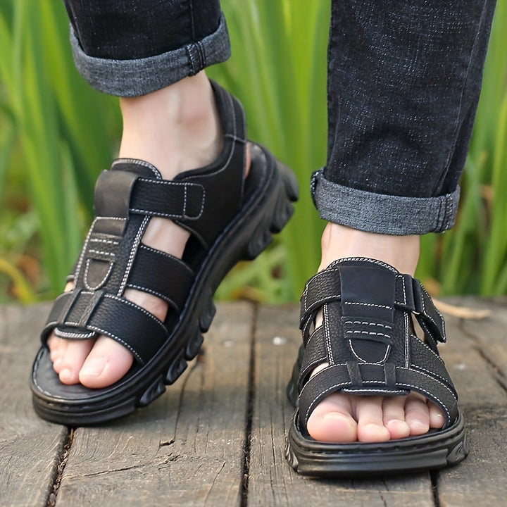 Men's Open Toe Velcro Sandals | Comfortable Non-Slip Design | Cowhide Upper & Rubber Sole