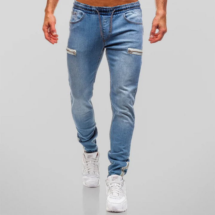 Men's Slim Fit Jogger Jeans | Stretch Denim with Zipper Accents | Trendy Street Style
