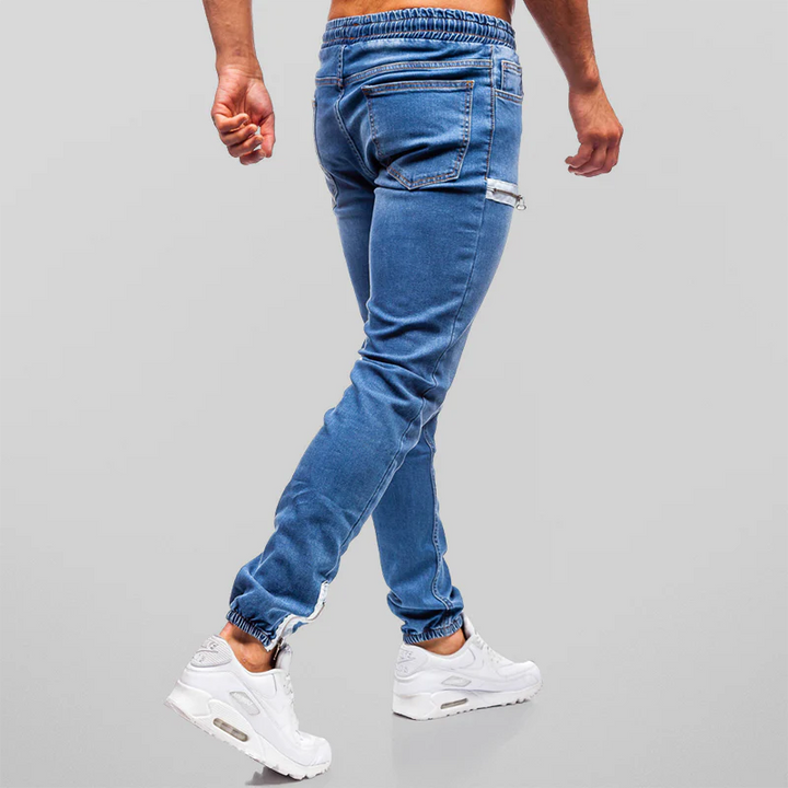 Men's Slim Fit Jogger Jeans | Stretch Denim with Zipper Accents | Trendy Street Style