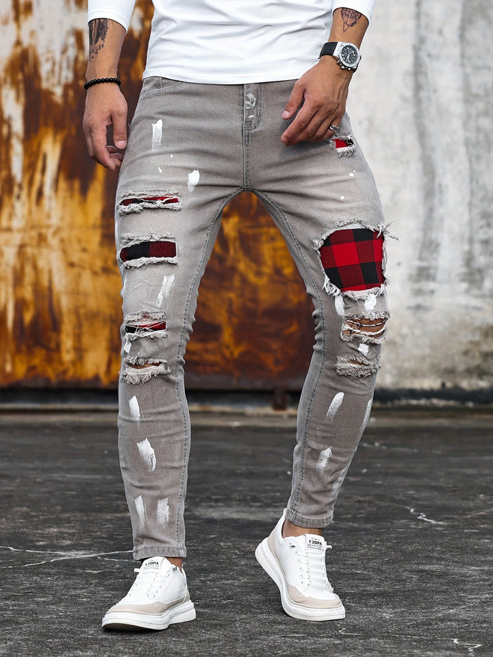 Trendy Slim Fit Patchwork Jeans for Men | Stretch Denim