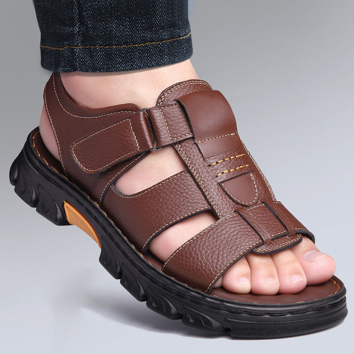 Men's Open Toe Velcro Sandals | Comfortable Non-Slip Design | Cowhide Upper & Rubber Sole