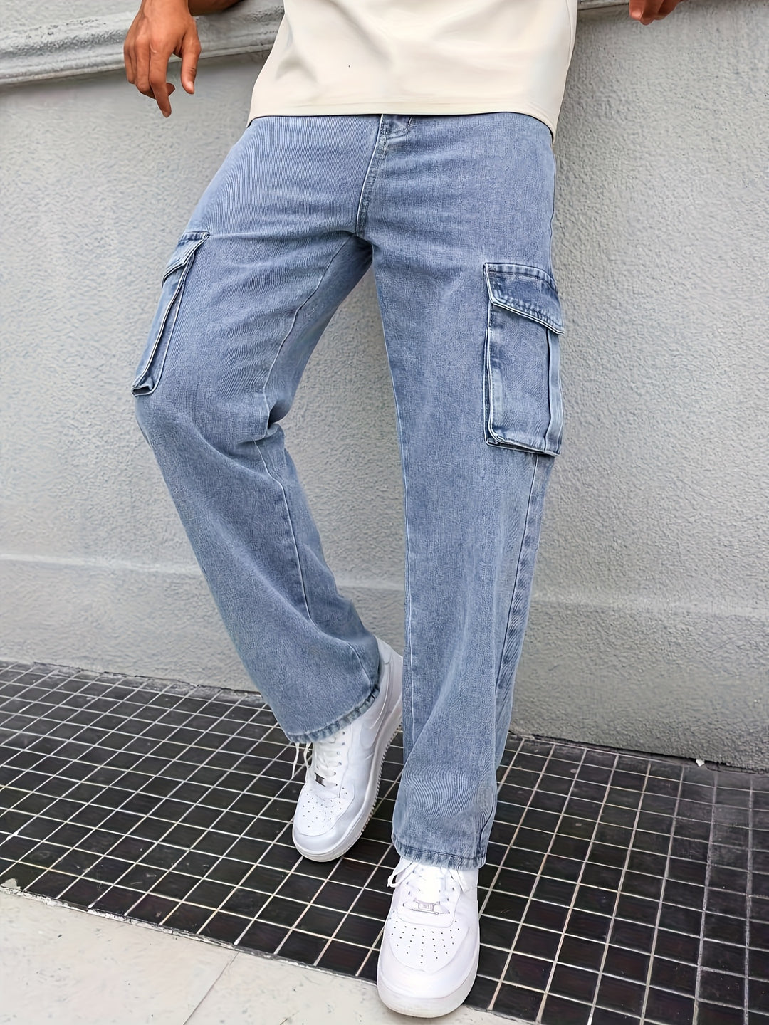 Men's Light Blue Denim Cargo Pants | Relaxed Fit with Multiple Pockets | Eco-Friendly Workwear